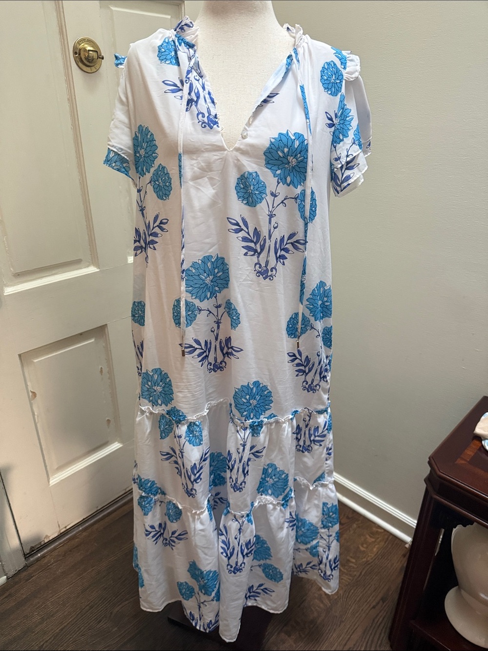 White Maxi Dress with Blue Floral Print Tie-Neck
